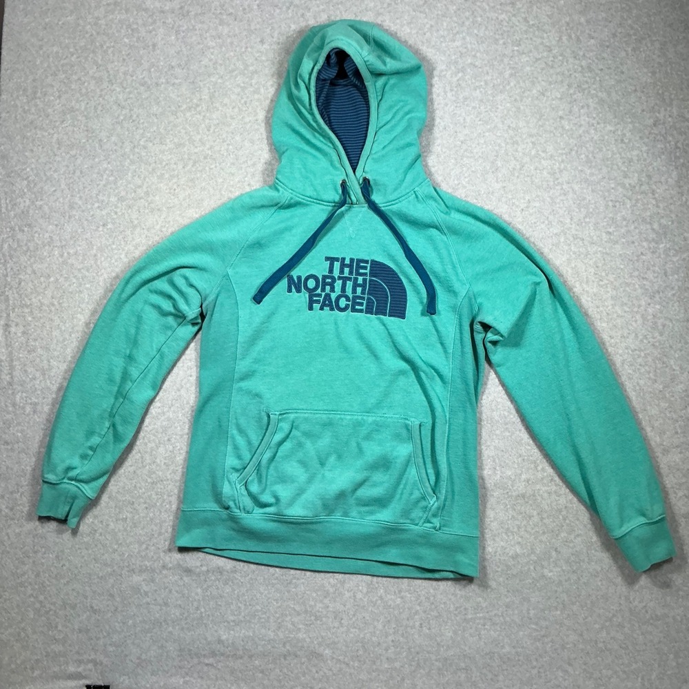 The North Face Womens Teal‎ Green Heathered Pullover Hoodie Navy Blue Logo Large